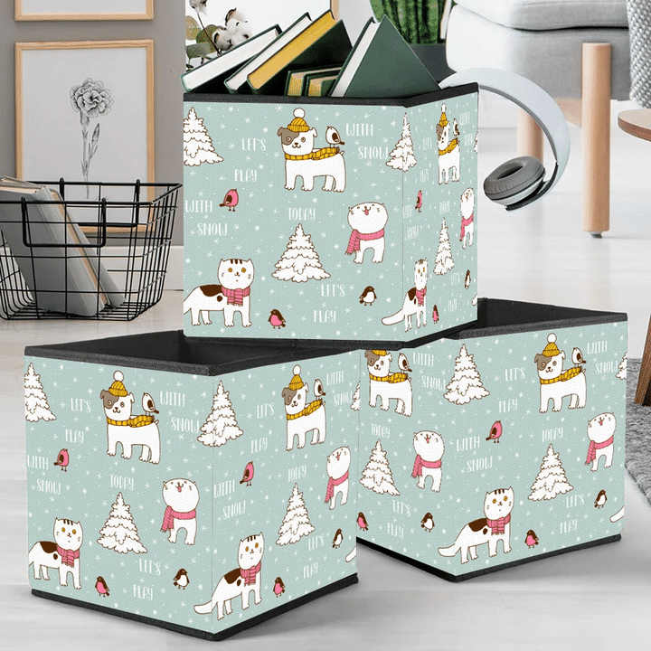 Winter Let's Play With Snow Cute Cat And Dog Storage Bin Storage Cube