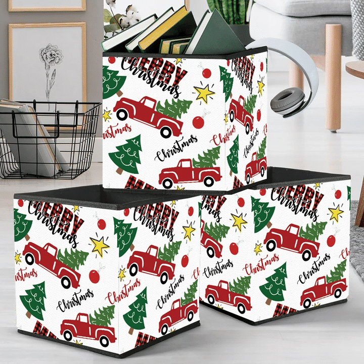 For Christmas Day Pattern With Red Truck Tree Fir And Star Storage Bin Storage Cube