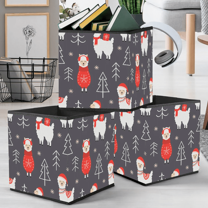 Lovely Llamas In Christmas Clothes Outline Pine Trees Storage Bin Storage Cube