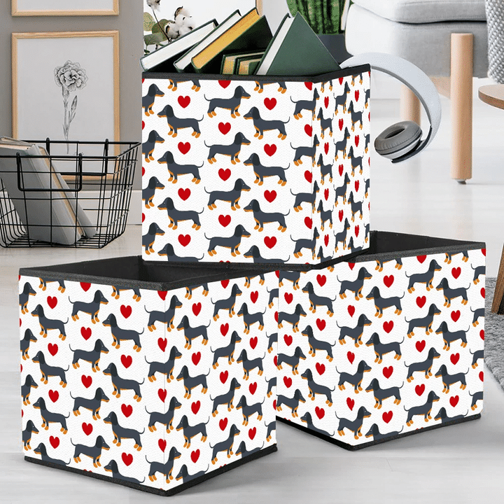 Christmas With Dachshund And Red Heart On White Storage Bin Storage Cube