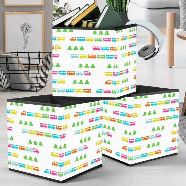 Multicolored Trains Toy And Green Trees Pattern Storage Bin Storage Cube