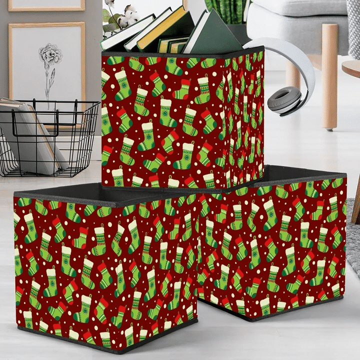 Red And Green Christmas Socks On Brown Background Storage Bin Storage Cube
