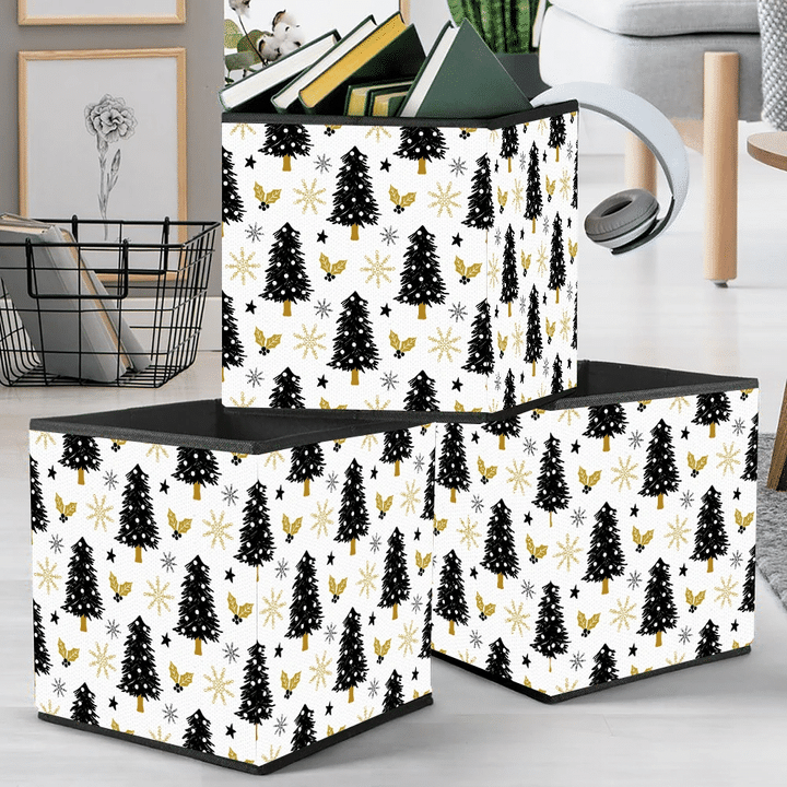 Black Christmas Trees Gold Holly And Snowflakes Storage Bin Storage Cube