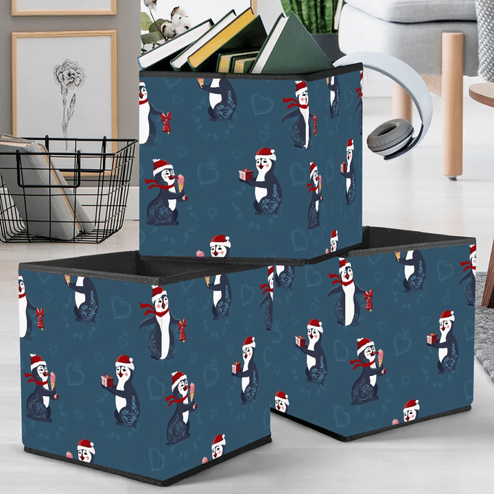 Christmas Festive Background With Funny Penguins Storage Bin Storage Cube