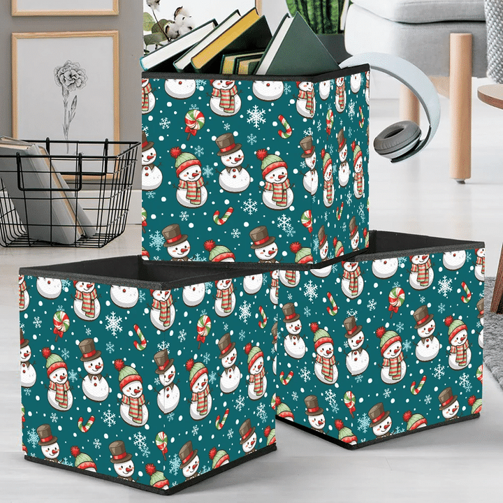 Cute Snowman In Red Green Scarf And Xmas Candy Storage Bin Storage Cube