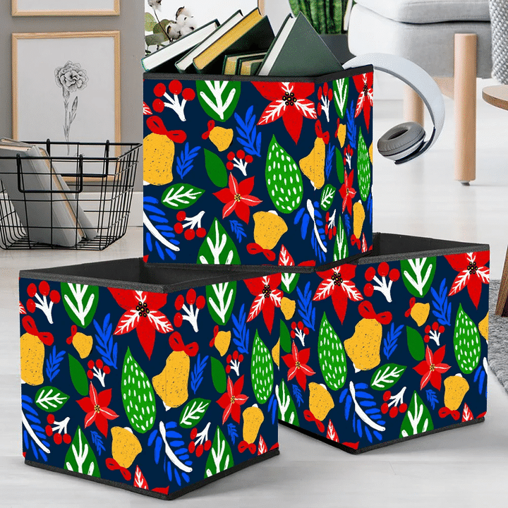 Hand drawn Red Poinsettia Floral And Christmas Bell Storage Bin Storage Cube