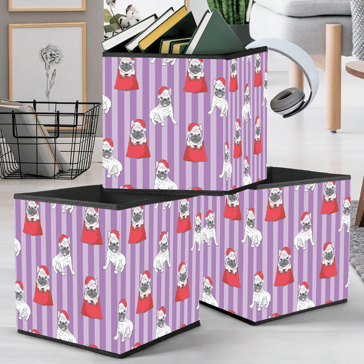 Cute Bulldog In Red Santa's Gift Bag On Purple Stripe Storage Bin Storage Cube
