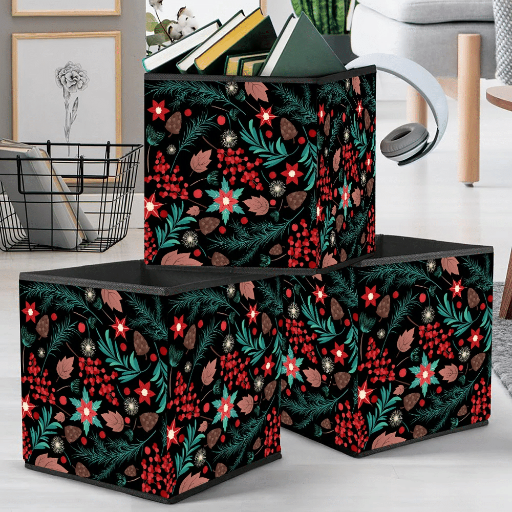 sChristmas Plants Or Floral In Black Background Storage Bin Storage Cube
