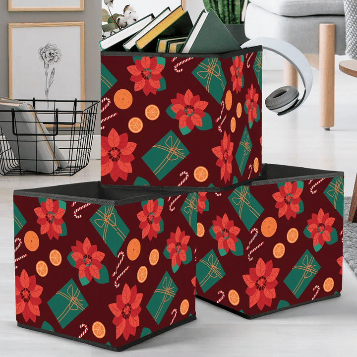 Christmas Red Poinsettia Gift And Candy Cane Storage Bin Storage Cube