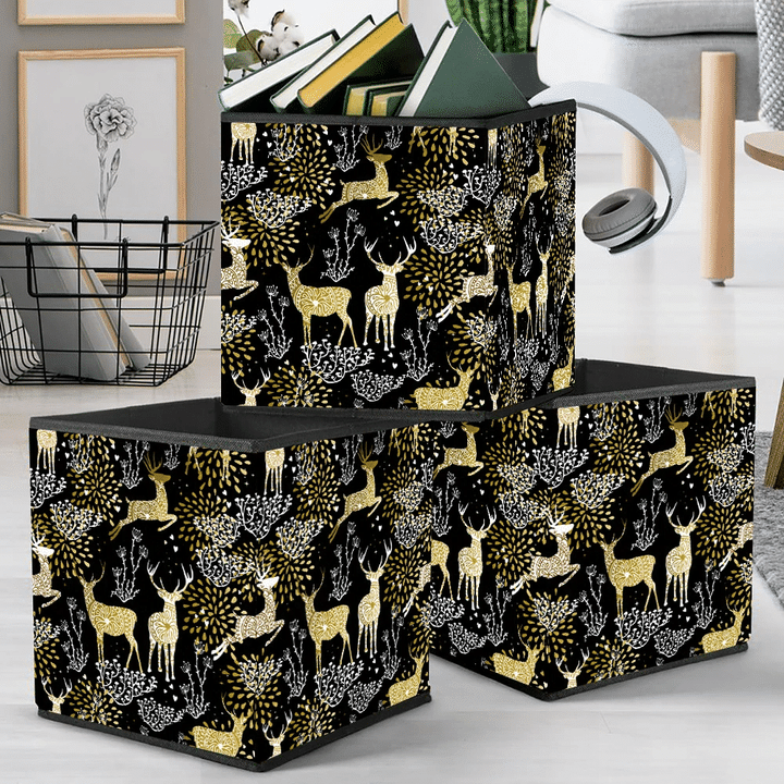 Christmas Fancy Gold With Deer And Nature Elements Storage Bin Storage Cube