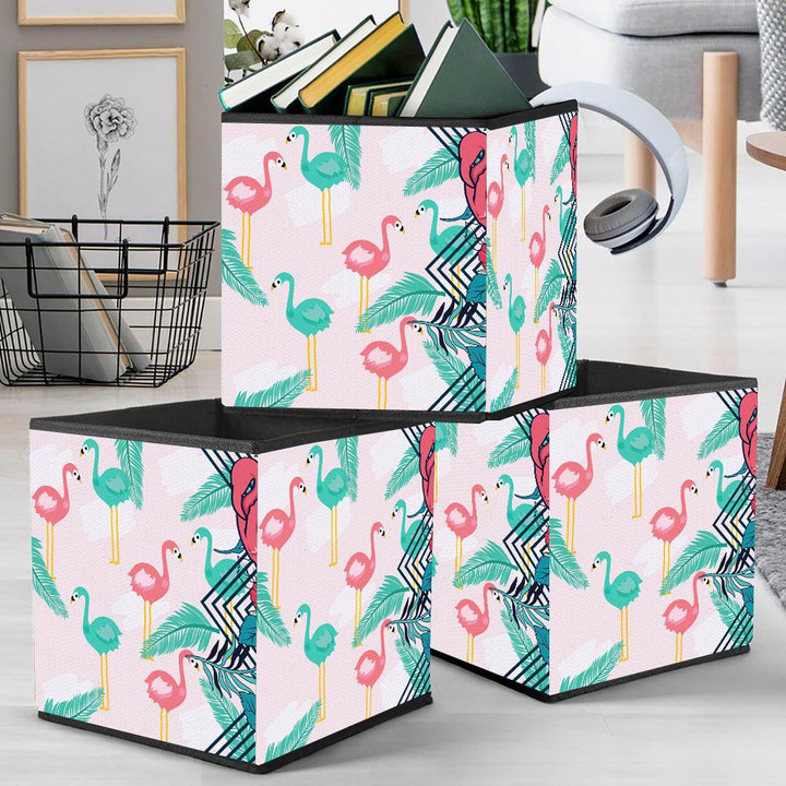 Green And Pink Flamingo With Palm Leaves Storage Bin Storage Cube