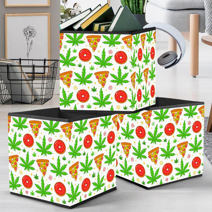 Psychedelic Trippy Green Weed Leaves Pizza Donuts Art Pattern Storage Bin Storage Cube