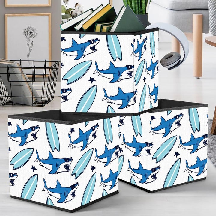 Cool Shark And Surfboard Drawing White Theme Design Storage Bin Storage Cube
