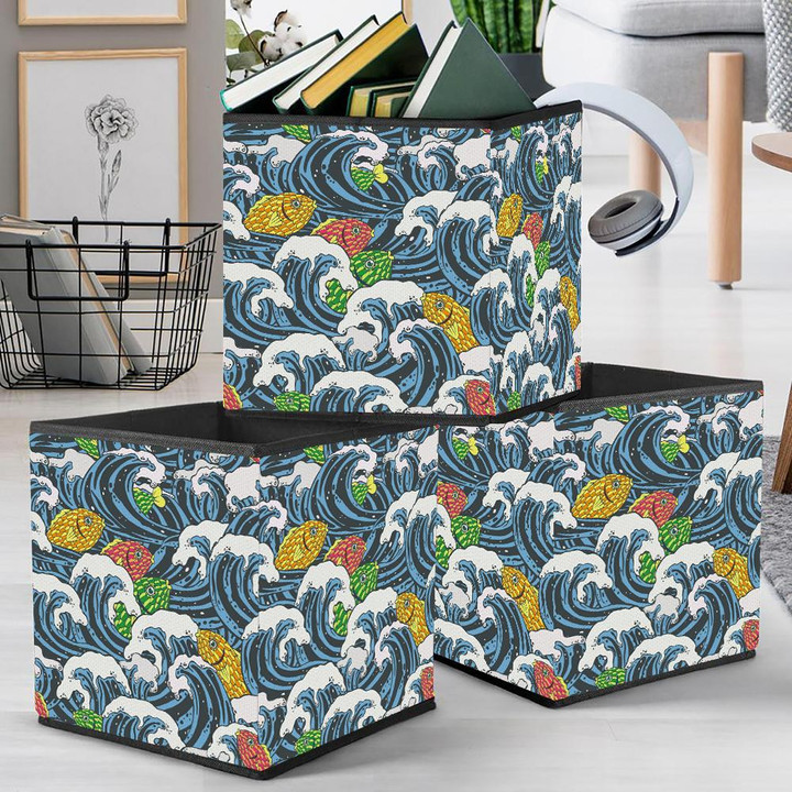 Hand Drawing Pattern With Sea Blue Waves And Colorful Fishes Storage Bin Storage Cube