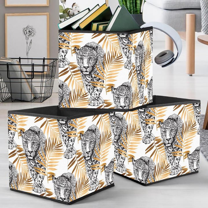 Sketch Of Walking Leopard In Gold Exotic Palm Leaves Storage Bin Storage Cube