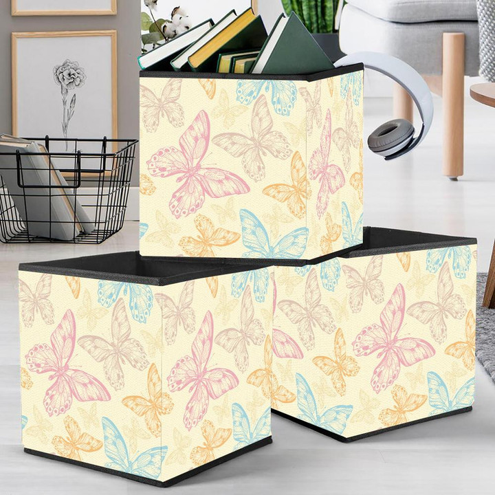 Flying Multicolored Butterflies On Yellow Background Storage Bin Storage Cube