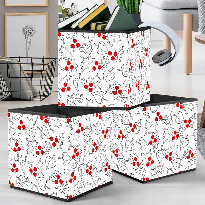 Black And White Design With Red Dots And Drawn Autumn Leaves Storage Bin Storage Cube