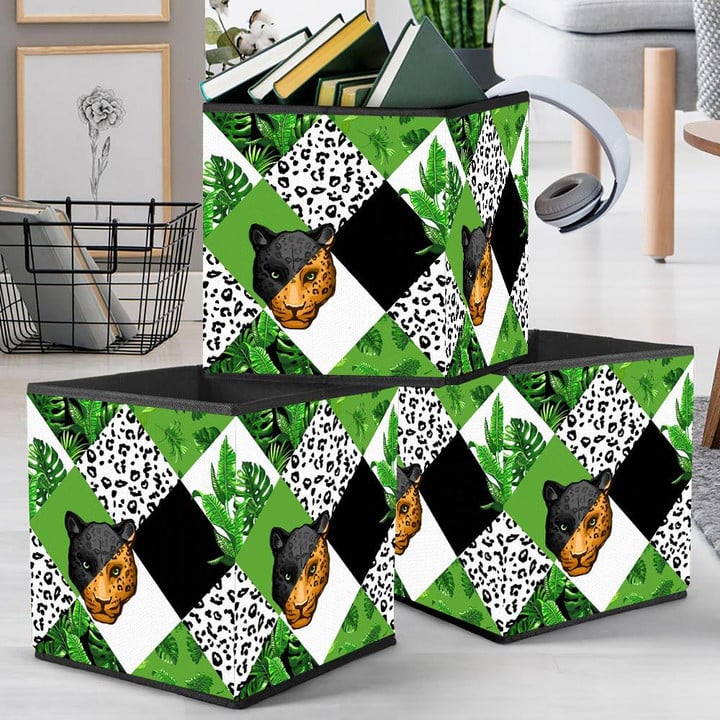 Wild African Animals Leopard And Tropical Palm Leaves Storage Bin Storage Cube