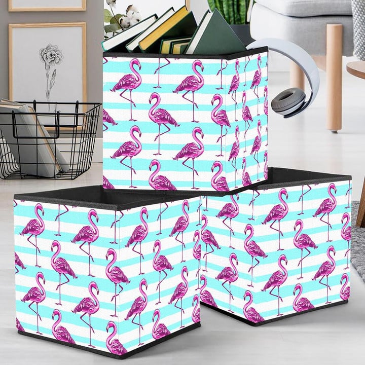 Summer With Pink Flamingo And Blue Lines Storage Bin Storage Cube