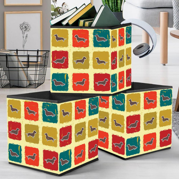 Theme Dachshund In Retro Color Squares Storage Bin Storage Cube