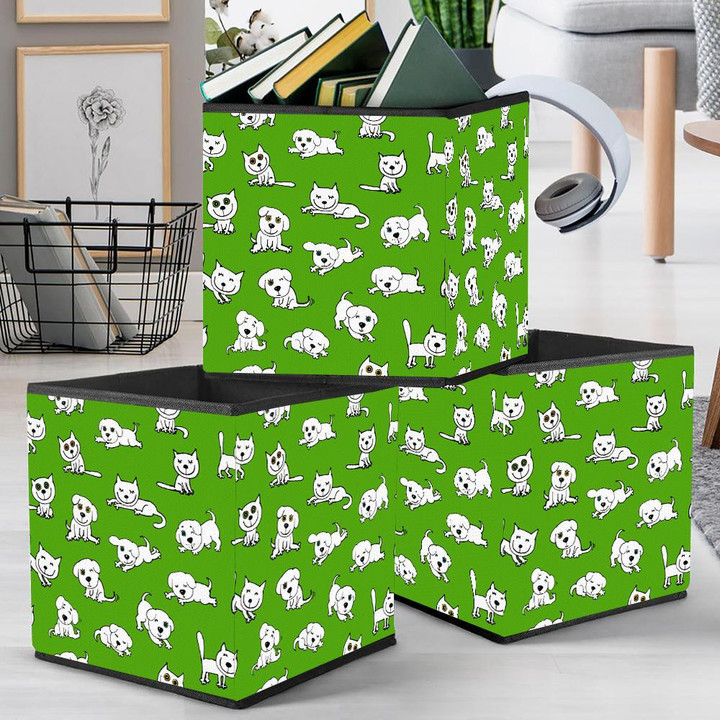 Funny Cats And Dogs On Green Isolated Background Storage Bin Storage Cube