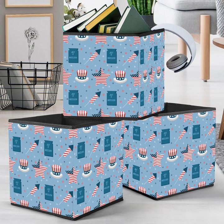 July Cards With Stars Uncle Sam Hats And Fireworks Pattern Storage Bin Storage Cube