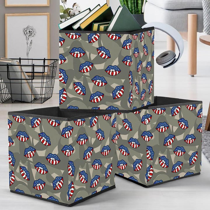 Lips Of The Flag Of America On Camouflage Military Background Storage Bin Storage Cube
