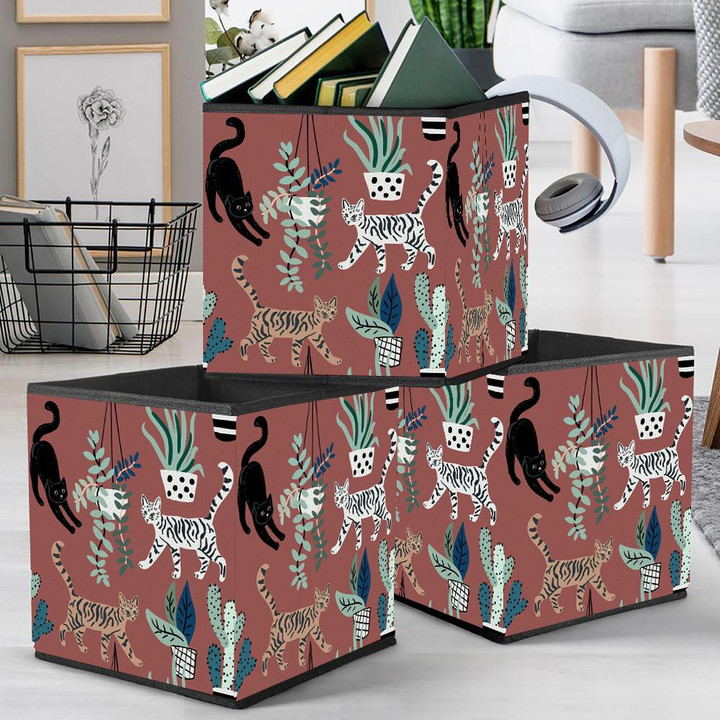 Cute Cats And House Plants On The Brown Storage Bin Storage Cube