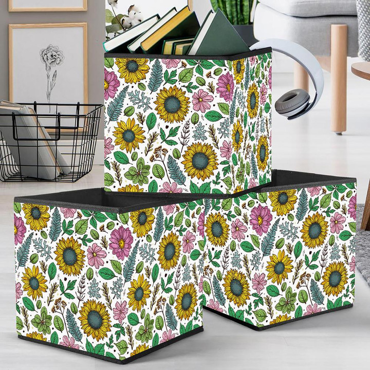 Freehand Sketching Pattern With Flowers Leaves And Grass Storage Bin Storage Cube