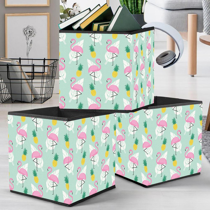 Cool Flamingo On White Leaf Pineapple Background Storage Bin Storage Cube
