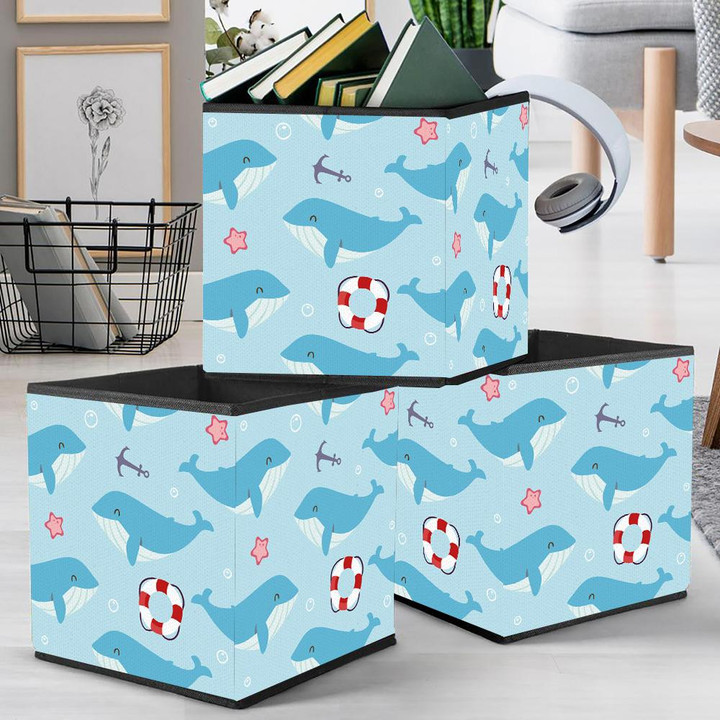 Cute Baby Whale Anchor And Float On Aqua Blue Background Design Storage Bin Storage Cube