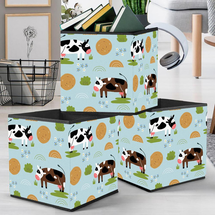 Background With Funny Cows And Haystacks Storage Bin Storage Cube
