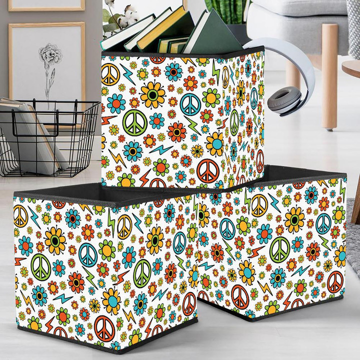 Pattern Of Flowers And Hippie Peace Symbol On White Background Storage Bin Storage Cube