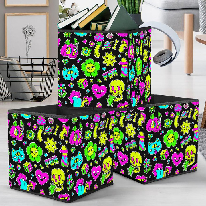 Surreal Trippy Pattern With Mushrooms And Weird Characters Cartoon Psychedelic Design Storage Bin Storage Cube