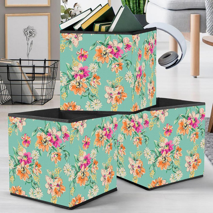 Sketched Beautiful Flower Branches On Turquoise Background Design Storage Bin Storage Cube