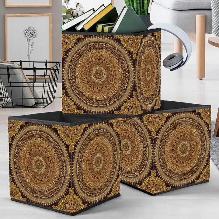 Gold And Black Round Floral With Mandala Motif Storage Bin Storage Cube