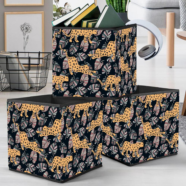 Wild African Modern Trendy Leopard With Abstract Palm Leaves Storage Bin Storage Cube