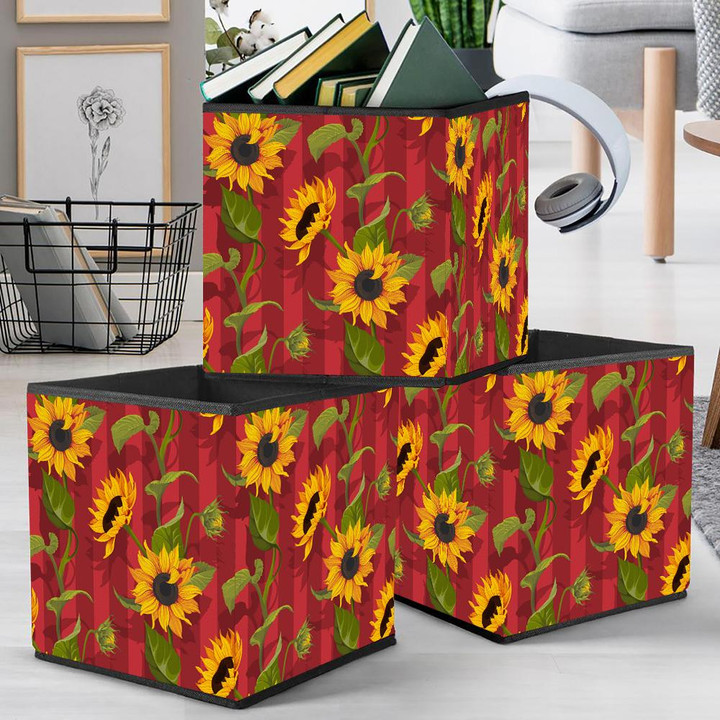 Appealing Sunflower And Its Shadow On Red Background Storage Bin Storage Cube