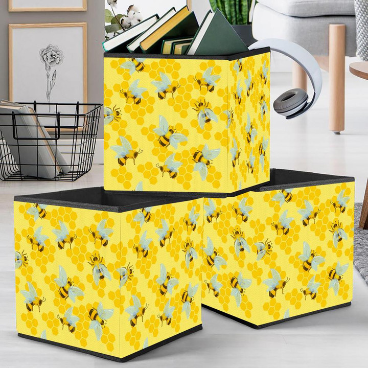 Watercolor Bees And Honeycombs Drawn In Cartoon Style Storage Bin Storage Cube