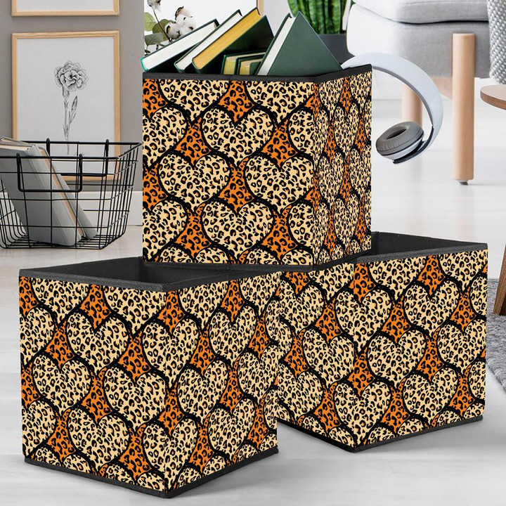 Wild African Leopard And Hearts On Orange Background Storage Bin Storage Cube