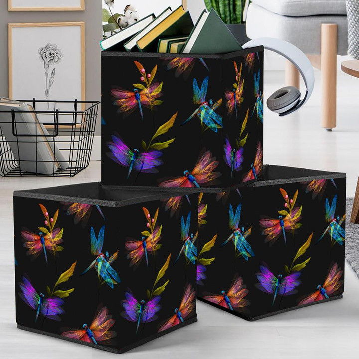 Colorful Dragonfly With Leaves On Black Storage Bin Storage Cube