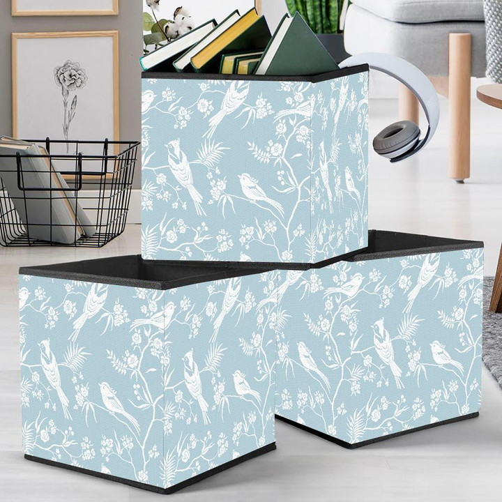 White Blooming Branches Trees And Birds Storage Bin Storage Cube