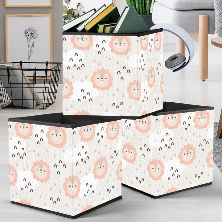 Cute Lion And Cloud On Gary Checkred Background Storage Bin Storage Cube
