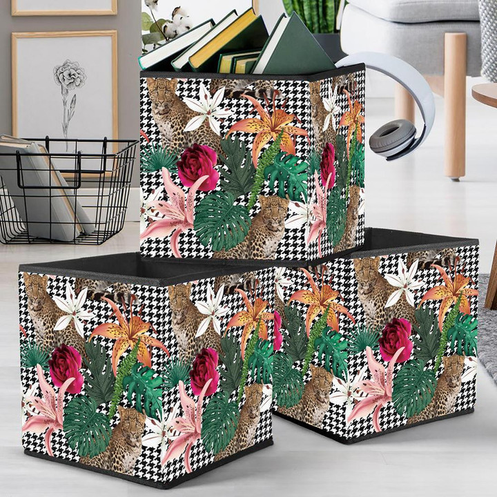 Tropical Flowers And Leopard On Geometric Houndstooth Background Storage Bin Storage Cube