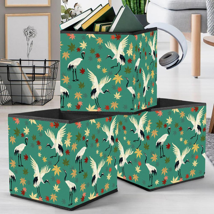Cranes And Autumn Maple Leaves On Green Background Storage Bin Storage Cube