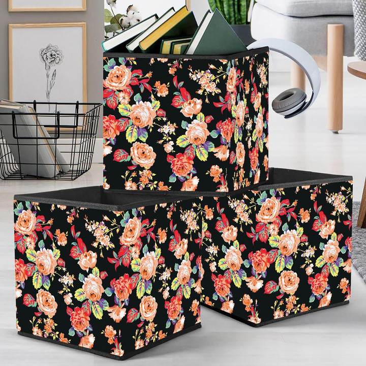Watercolor Colorful Rose And Leaves Art Pattern Black Theme Storage Bin Storage Cube