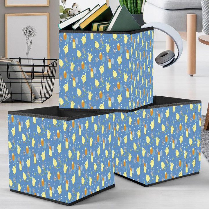 Lovely Baby Chiken In Different Moments On Blue Background Storage Bin Storage Cube