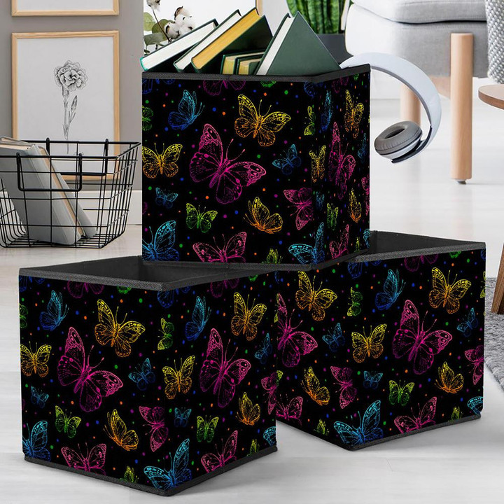 Abstract Neon Pink Blue And Purple Butterfly Silhouette Storage Bin Storage Cube