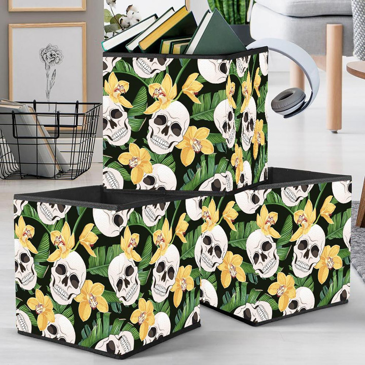 Human Skull Yellow Orchids And Tropical Leaves Storage Bin Storage Cube
