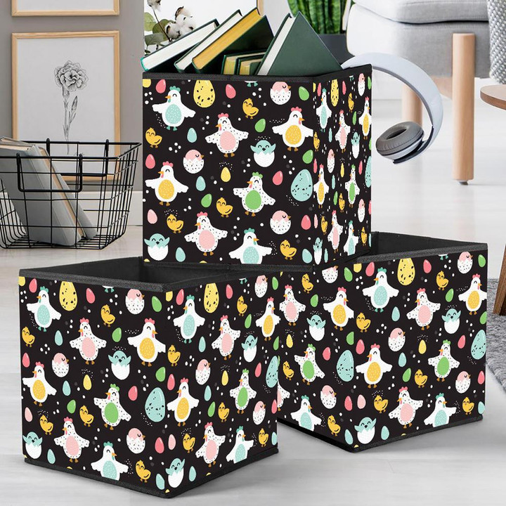Funny Hens Eggs And Chickens On Black Background Storage Bin Storage Cube